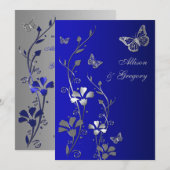 Blauwe, zilveren bloemvlinders bruiloft uitnodigin kaart (Voorkant / Achterkant)