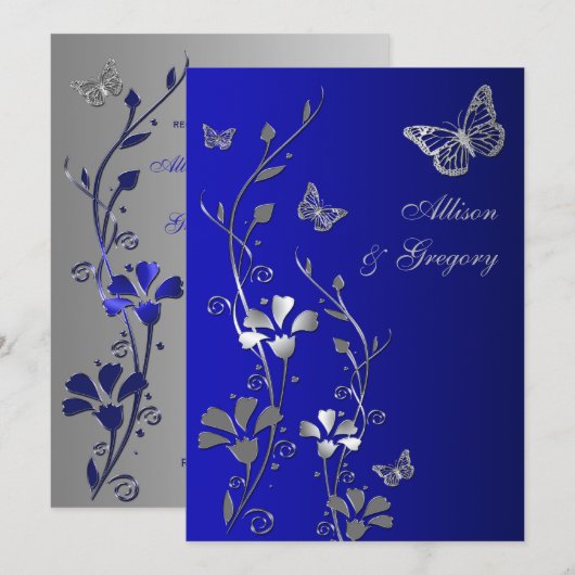 Blauwe, zilveren bloemvlinders bruiloft uitnodigin kaart (Voorkant / Achterkant)