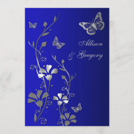Blauwe, zilveren bloemvlinders bruiloft uitnodigin kaart
