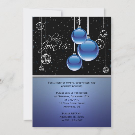 Blauwe zilveren kerstsieraden op de Zwarte Partij Kaart (Voorkant)