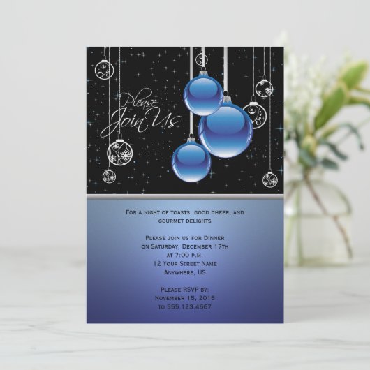 Blauwe zilveren kerstsieraden op de Zwarte Partij Kaart (Staand voorkant)