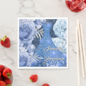 Blauwe zilveren roos bloemen glazen verjaardag servet (Insitu)