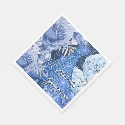 Blauwe zilveren roos bloemen glazen verjaardag servet (Hoek)