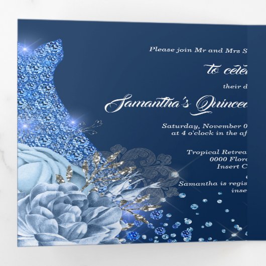 Blauwe zilveren roos vrouwen Foto's Drieluik Uitnodiging (Binnenzijde eerst)