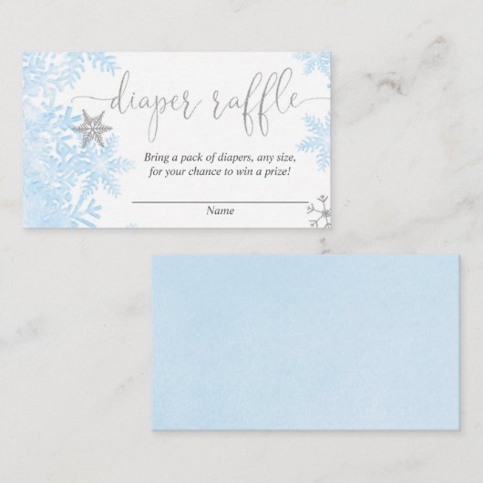 Blauwe zilveren sneeuwvlokken baby shower luierraf informatiekaartje (Voorkant / Achterkant)