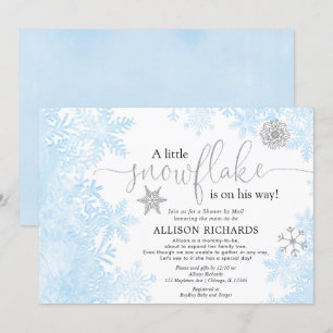 Blauwe zilveren sneeuwvlokschoen per baby shower kaart