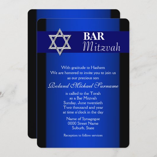 Blauwe zilveren staaf mitzvah blauwe achtergrond kaart (Voorkant / Achterkant)