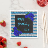 Blauwe zilveren streep Glitter Deep Blue Roos Birt Servet (Insitu)