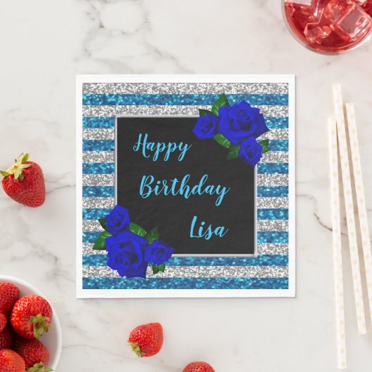 Blauwe zilveren streep Glitter Deep Blue Roos Birt Servet (Insitu)