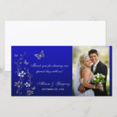 Blauwe, Zilveren Vlinder Bloemen Bruiloft Fotokaar Bedankkaart (Voorkant / Achterkant)