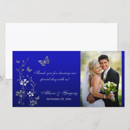 Blauwe, Zilveren Vlinder Bloemen Bruiloft Fotokaar Bedankkaart (Voorkant / Achterkant)