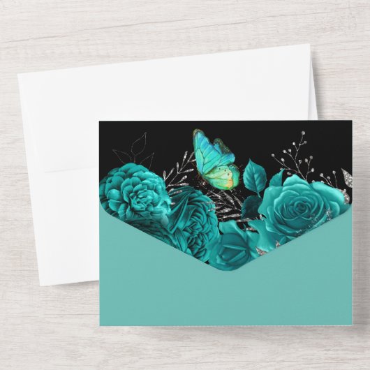 Blauwe zilveren vlinderdentuin all in one uitnodiging (Achterkant)