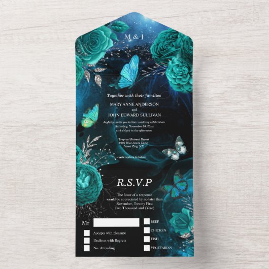 Blauwe zilveren vlinderdentuin all in one uitnodiging (Binnen)