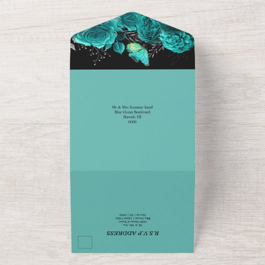 Blauwe zilveren vlinderdentuin all in one uitnodiging (Buitenkant)