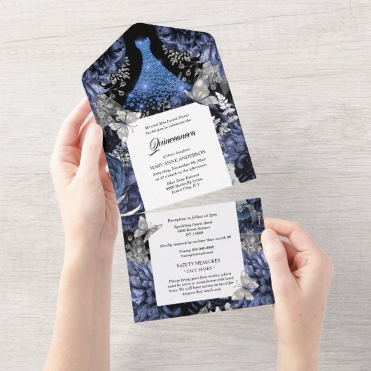 Blauwe zilveren vlindergaard all in one uitnodiging (Afscheurbaar)