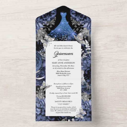 Blauwe zilveren vlindergaard all in one uitnodiging (Binnen)