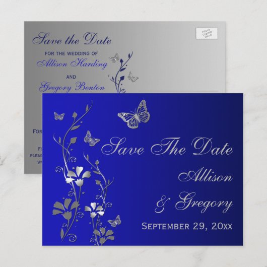 Blauwe, zilveren vlinders Sla het Date Briefkaart  (Voorkant / Achterkant)
