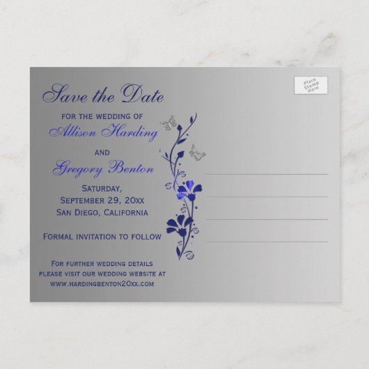 Blauwe, zilveren vlinders Sla het Date Briefkaart  (Achterkant)