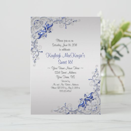  Blauwe Zilveren Zwemelen op Zilver Sweet 16 Kaart (Staand voorkant)