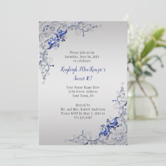 Blauwe Zilveren Zwemelen op Zilver Sweet 16 Kaart (Staand voorkant)