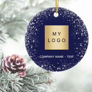 Blauwe zilverglitter-logo keramisch ornament