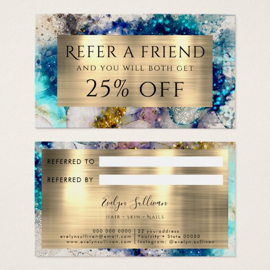 Blauwe zilverglitter waterverf Referentiekaart Visitekaartje (Voorkant /achterkant)