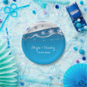 Blauwe, zilvergrijze sneeuwvlok moderne bruiloft papieren bordje (Feest)