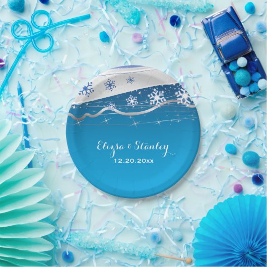 Blauwe, zilvergrijze sneeuwvlok moderne bruiloft papieren bordje (Feest)