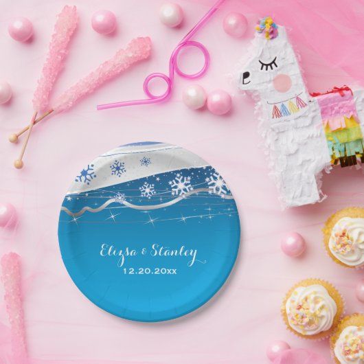 Blauwe, zilvergrijze sneeuwvlok moderne bruiloft papieren bordje (Feest)