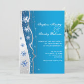 Blauwe, zilvergrijze sneeuwvlok winterbruiloft kaart (Staand voorkant)