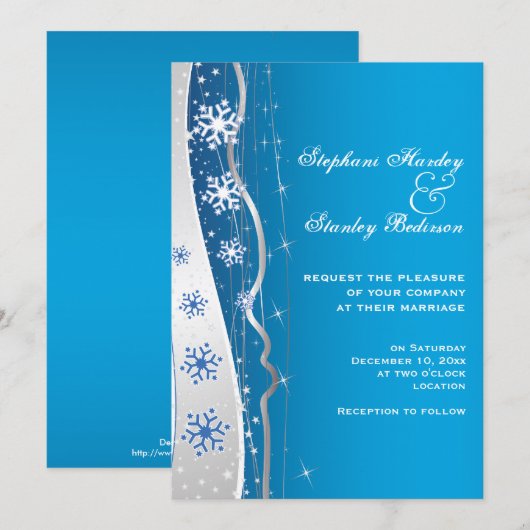 Blauwe, zilvergrijze sneeuwvlok winterbruiloft kaart (Voorkant / Achterkant)