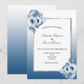 Blauwe zilverkleurige bruiloft met floralen kaart (Voorkant / Achterkant)