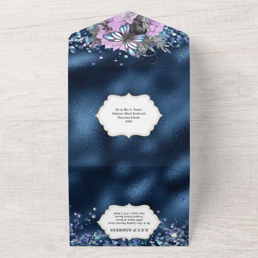 Blauwe zilvervlinder paarse roos glamour all in one uitnodiging (Buitenkant)