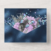 Blauwe zilvervlinder paarse roos glamour all in one uitnodiging (Achterkant)