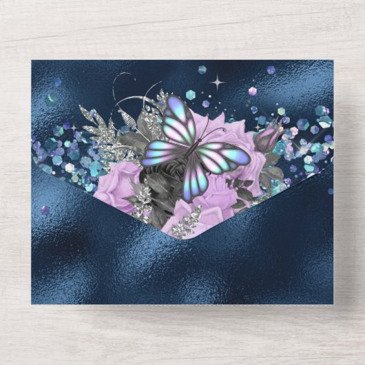 Blauwe zilvervlinder paarse roos glamour all in one uitnodiging (Achterkant)