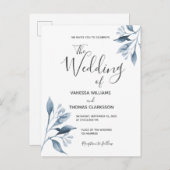 Blauwe zilverwitte botanische trouwuitnodiging briefkaart (Voorkant / Achterkant)