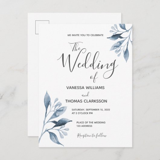 Blauwe zilverwitte botanische trouwuitnodiging briefkaart (Voorkant / Achterkant)
