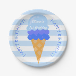 Blauwe zoete ijsje op de eerste verjaardag papieren bordje