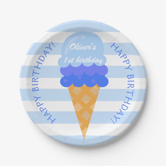 Blauwe zoete ijsje op de eerste verjaardag papieren bordje (Voorkant)