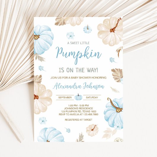 Blauwe Zoete Kleine Pompoen Herfst Baby Shower Kaart