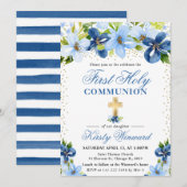 Blauwe Zomer Bloemen Eerste Heilige Communie Kaart (Voorkant / Achterkant)