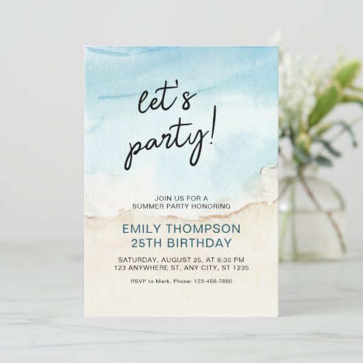Blauwe Zomer Oceaan Laten we feestdag Uitnodiging (Staand voorkant)