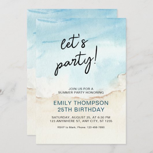 Blauwe Zomer Oceaan Laten we feestdag Uitnodiging (Voorkant / Achterkant)