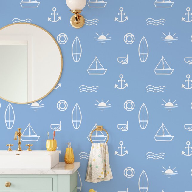 Blauwe Zomer Ocean Line Art Behang (In situ)