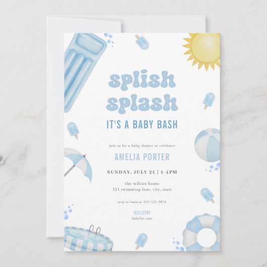 Blauwe Zomer Splish Splash Baby Shower Uitnodiging (Voorkant)