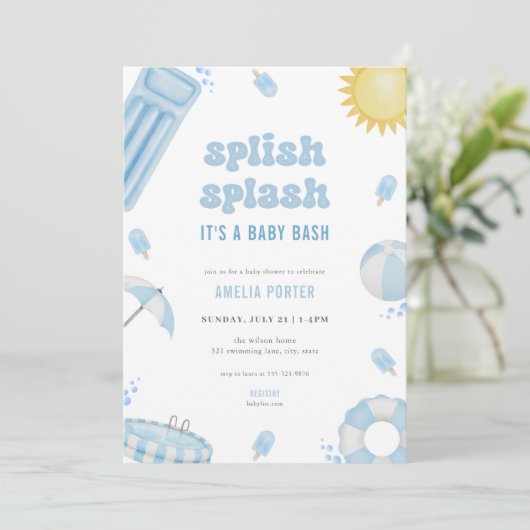 Blauwe Zomer Splish Splash Baby Shower Uitnodiging (Staand voorkant)