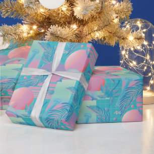Blauwe zomer Vaporwave Zonsondergang en Palmbomen Cadeaupapier