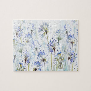 Blauwe zomerbloemen waterverf schets legpuzzel