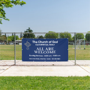 Blauwe zondagse kerkdienst banner met aangepast lo