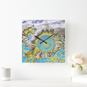 Blauwe zonnebloem 2 vierkante klok (Huis)